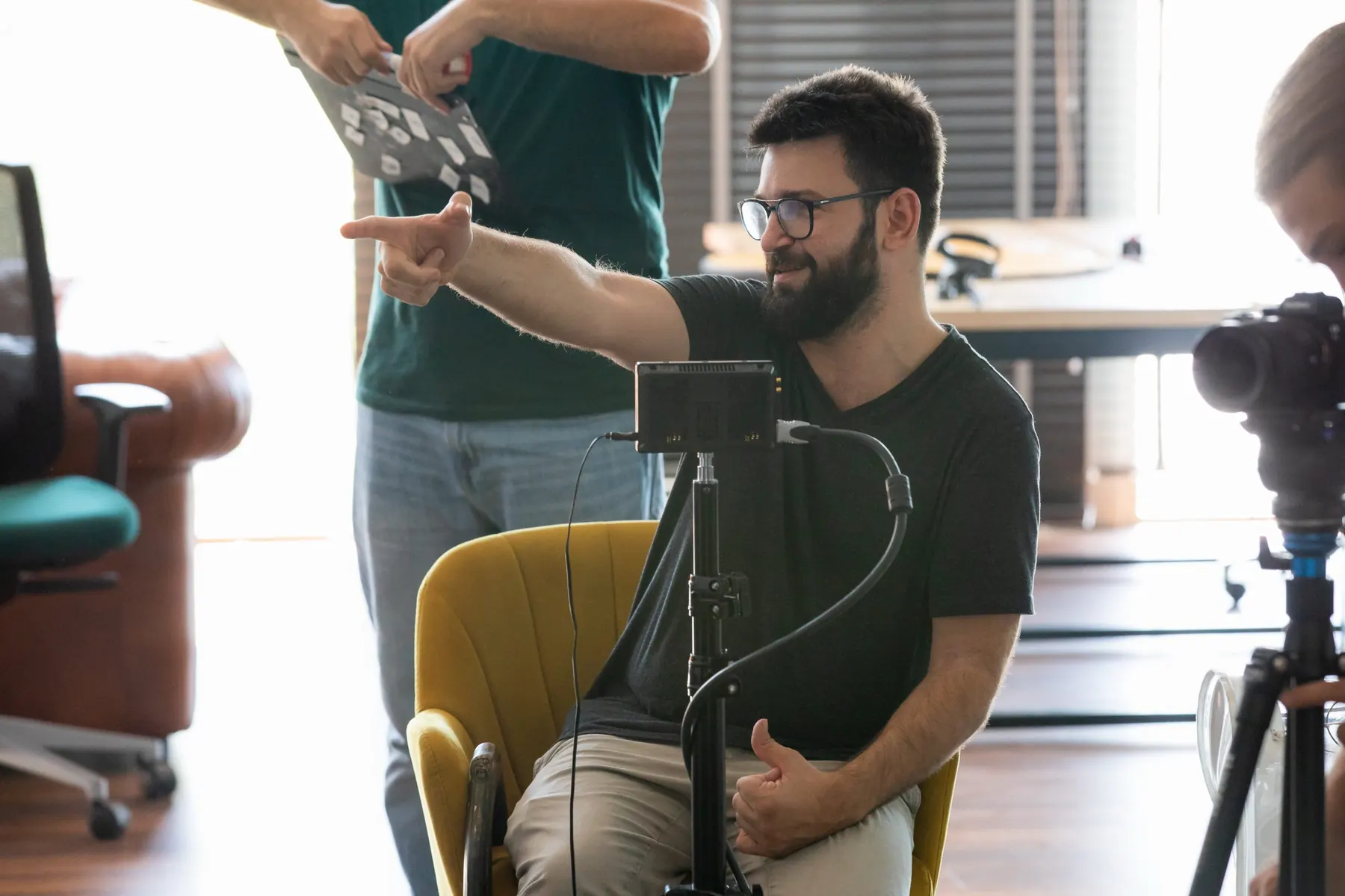 Tedy Necula directing an interview for a brand campaign